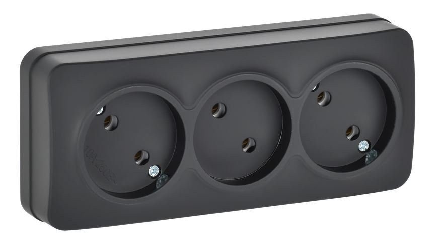 Розетка 3-местная GLORY РС23-2-ХЧм без заземления без защитных шторок открытой установки 10А, черный матовый (ERH30-K02M-10) Розетка