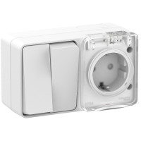 AtlasDesign PROFI54 блок комбинированный (розетка с заземлением со шторками + 2-клавишный выключатель), открытой установки, белый (ATN540174) Блок розеточный комбинированный