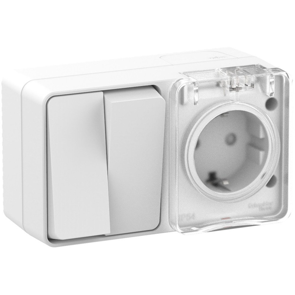 AtlasDesign PROFI54 блок комбинированный (розетка с заземлением со шторками + 2-клавишный выключатель), открытой установки, белый (ATN540174) Блок розеточный комбинированный