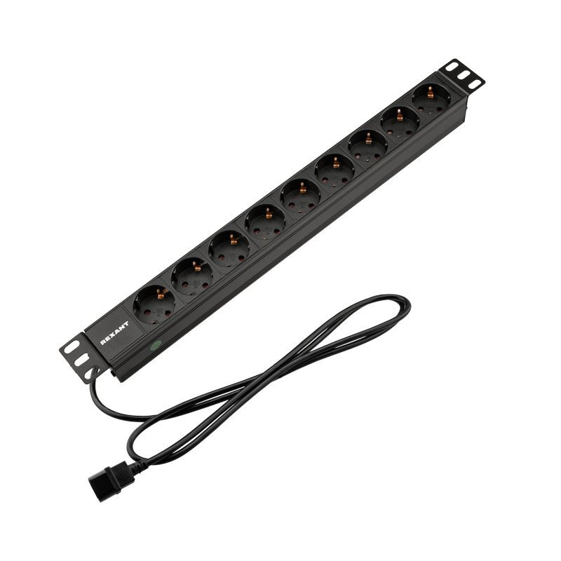 Блок распределения питания для 19" шкафов, горизонтальный, 9 розеток СЕЕ 7/4, 10A, без выкл, алюм корп, шнур 2м, вилка C14 REXANT (04-0305-1) Блок розеток 19"