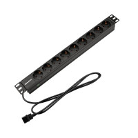 Блок распределения питания для 19" шкафов, горизонтальный, 9 розеток СЕЕ 7/4, 10A, без выкл, алюм корп, шнур 2м, вилка C14 REXANT (04-0305-1) Блок розеток 19"