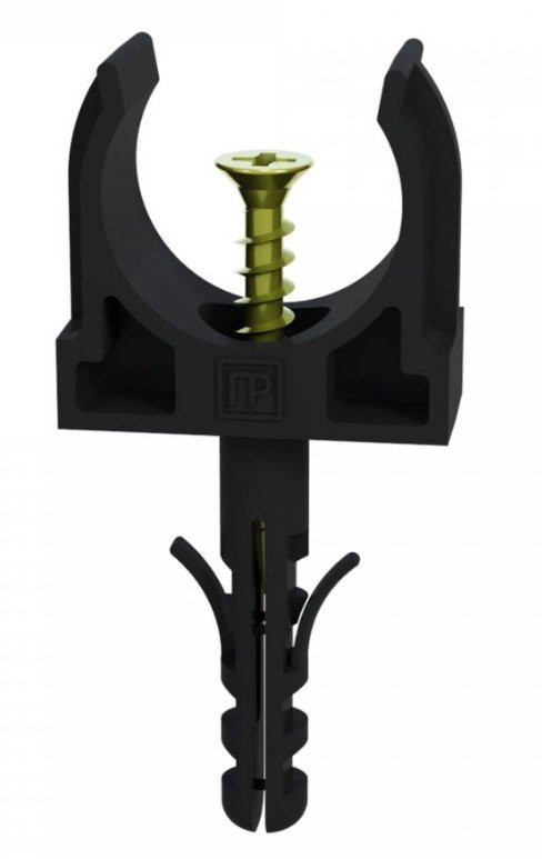 Крепеж-клипса с дюбелем и саморезом черная D32 (25 шт) (PR13.0222) Крепление для труб ПВХ