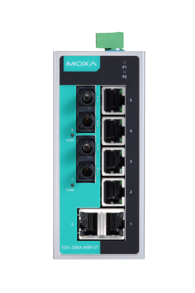 EDS-208A-MM-ST Компактный коммутатор 6х10/100BaseTX, 2х100BaseFX (многомод.) в металлическом корпусе, разъем ST