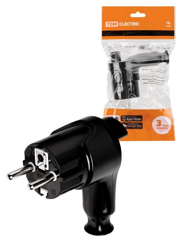 Вилка угловая c/з черная с кнопкой извлечения из сети 16А 250В TDM (SQ1806-0399) Вилка