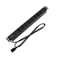 Блок распределения питания для 19" шкафов, горизонтальный, 8 розеток C13, 10A, без выкл, алюм корп, шнур 2м, вилка C14 REXANT (04-0304-1) Блок розеток 19"