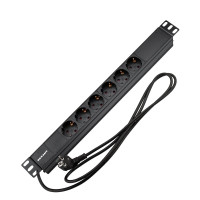 Блок распределения питания для 19" шкафов, горизонтальный, 6 розеток СЕЕ 7/4, 16A, без выкл, алюм корп, шнур 2м, вилка СЕЕ 7/7 REXANT (04-0101-1) Блок розеток 19"