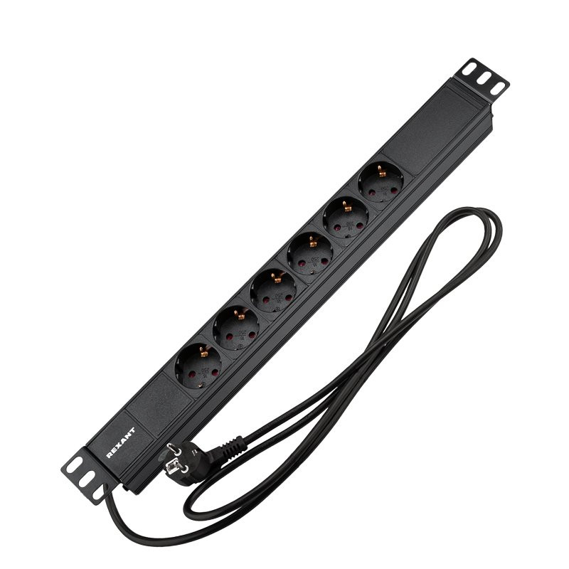 Блок распределения питания для 19" шкафов, горизонтальный, 6 розеток СЕЕ 7/4, 16A, без выкл, алюм корп, шнур 2м, вилка СЕЕ 7/7 REXANT (04-0101-1) Блок розеток 19"