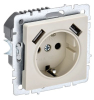 Розетка 1-местная BRITE РЮш10-2-БрКр с заземлением с защитными шторками 16А с USB A+A 5В 3,1А бежевый (BR-R14-16-U21-D31-K10) Розетка с защитными шторками