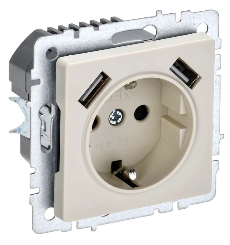 Розетка 1-местная BRITE РЮш10-2-БрКр с заземлением с защитными шторками 16А с USB A+A 5В 3,1А бежевый (BR-R14-16-U21-D31-K10) Розетка с защитными шторками