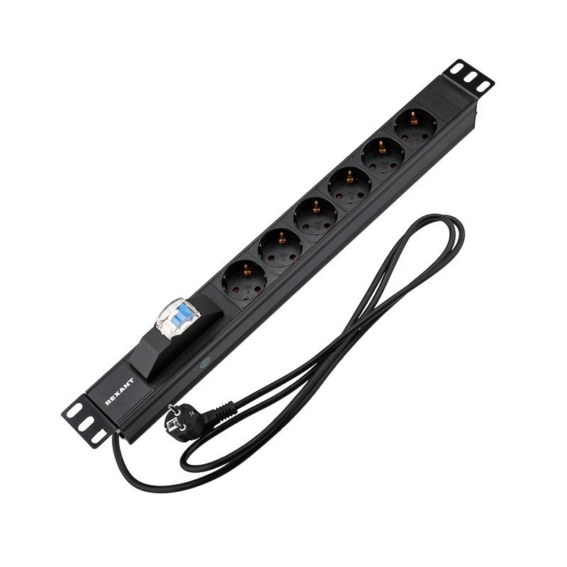 Блок распределения питания для 19" шкафов, горизонтальный, 6 розеток СЕЕ 7/4, 16A, автомат защиты, алюм корп, шнур 2м, вилка СЕЕ 7/7 REXANT (04-0103-1) Блок розеток 19"