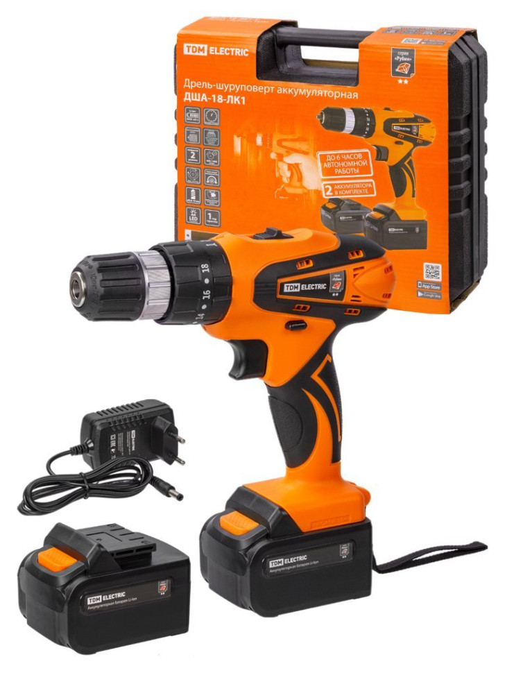 ДША-18-ЛК1 18В, 2А*ч Li-Ion 2 шт, 32Нм, 0-1400 об/мин, кейс "Рубин" TDM (SQ1030-0204) Дрель-шуруповерт