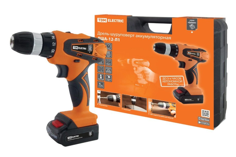 ДША-12-Л1 12В, 1,3А*ч Li-Ion, 22Нм, 0-1350 об/мин, кейс "Гранит" TDM (SQ1030-0201) Дрель-шуруповерт