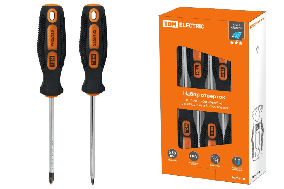 Набор отверток 6 шт.: SL:3x75;5x100;6x100, PH:0х75;1x100;2x100, пластиковый чемодан, CR-V "Алмаз" TDM (SQ1013-0205) Набор отверток