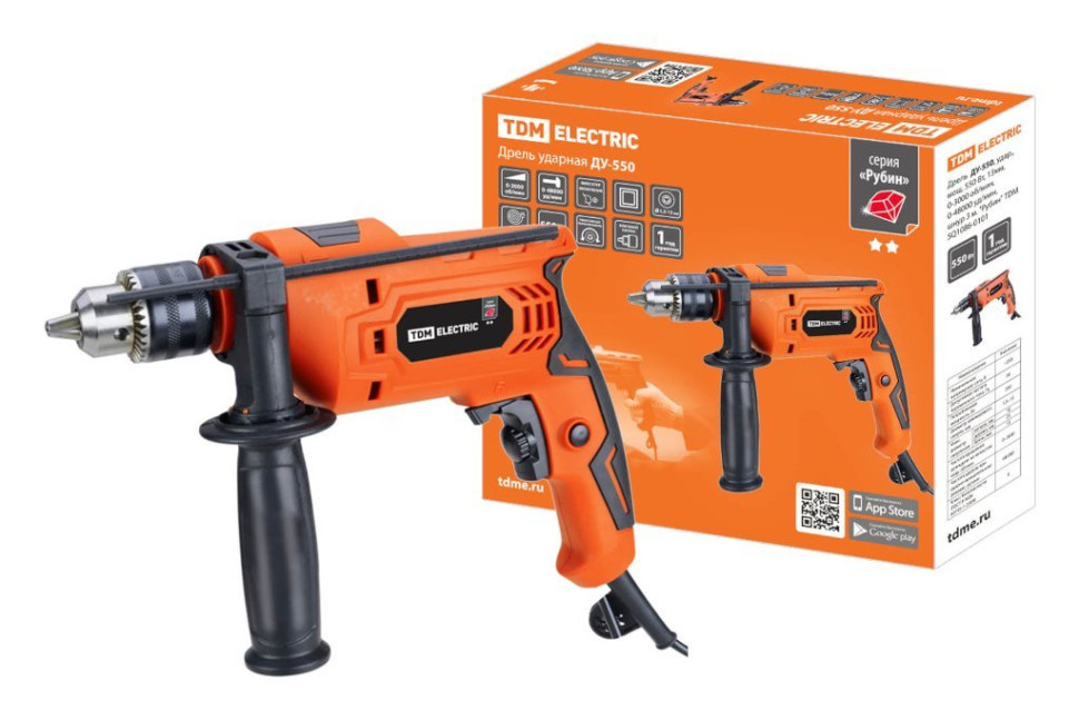 ДУ-550 550Вт, 13мм, 0-3000 об/мин, 0-48000 уд/мин, шнур 3м "Рубин" TDM (SQ1086-0101) Дрель