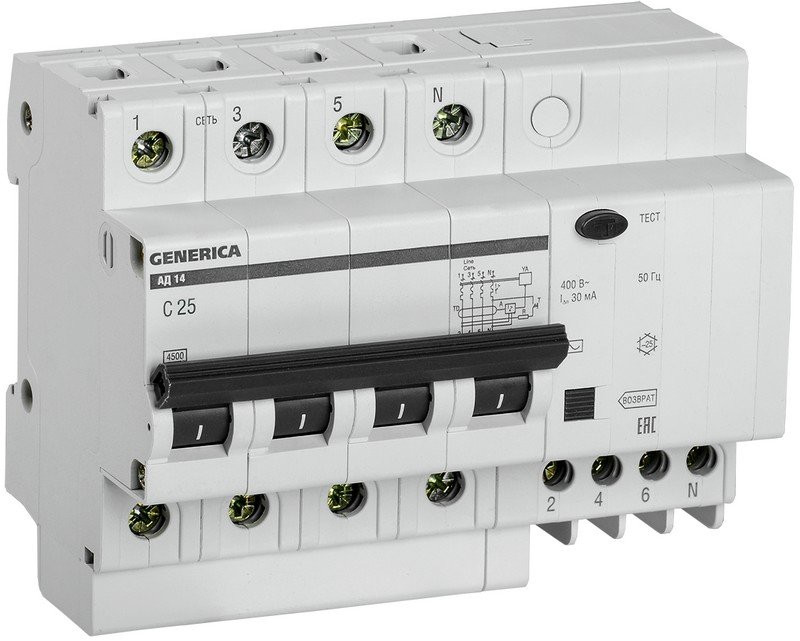 GENERICA АД14 4Р 25А 30мА (MAD15-4-025-C-030) Автоматический выключатель дифференциального тока