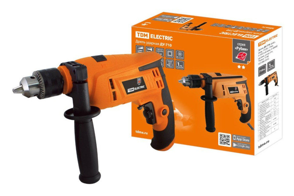 ДУ-710 710Вт, 13мм, 0-3000 об/мин, 0-48000 уд/мин, шнур 3м "Рубин" TDM (SQ1086-0102) Дрель
