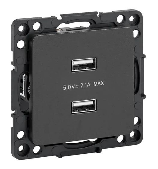 Стокгольм Механизм розетки USB 2-местной 2,1А винтовые клеммы черный (EZR16-028-10-2USB) Механизм розетки USB