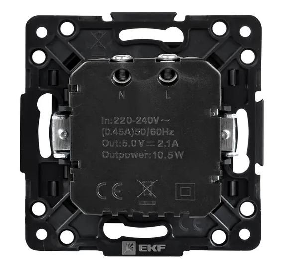 Стокгольм Механизм розетки USB 2-местной 2,1А винтовые клеммы черный (EZR16-028-10-2USB) Механизм розетки USB