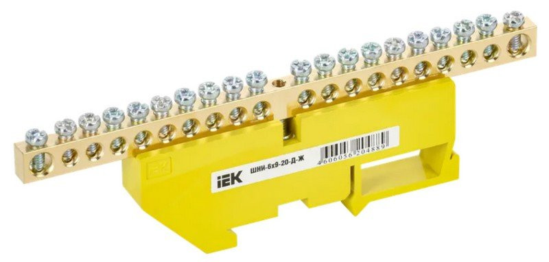 Шина PE "земля" на DIN-изолятор ШНИ-6х9-20-Д-Ж (YNN10-69-20D-K05) Шина на DIN-изолятор
