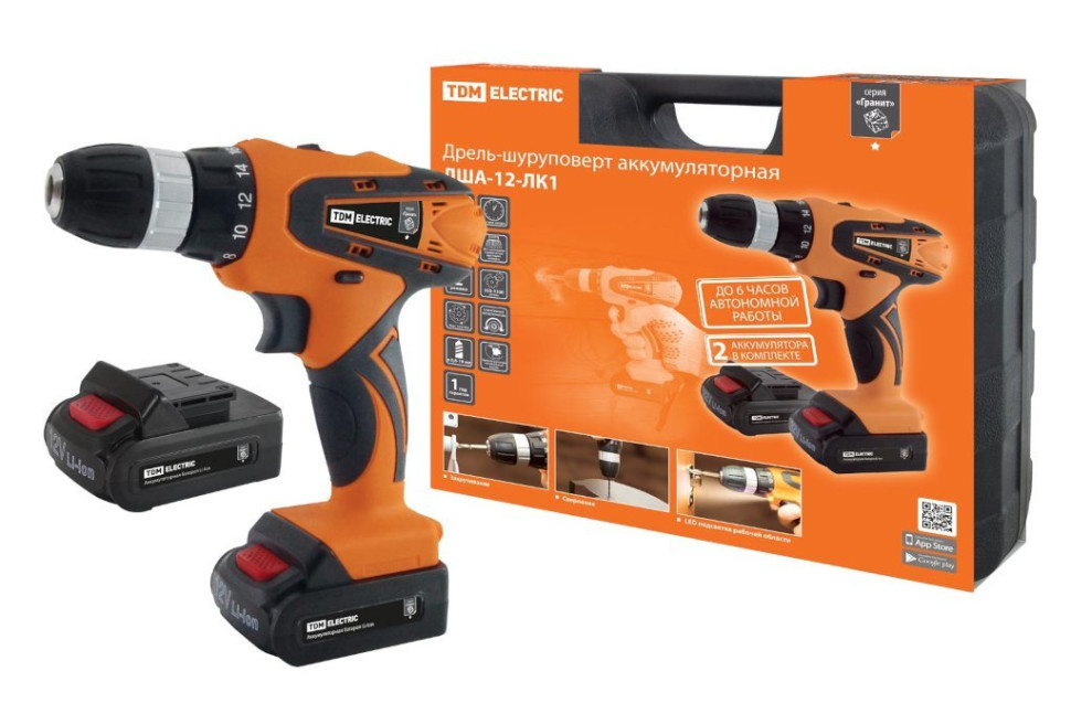 ДША-12-ЛК1 12В, 1,3А*ч Li-Ion 2 шт, 22 Нм, 0-1350 об/мин, кейс "Гранит" TDM (SQ1030-0202) Дрель-шуруповерт