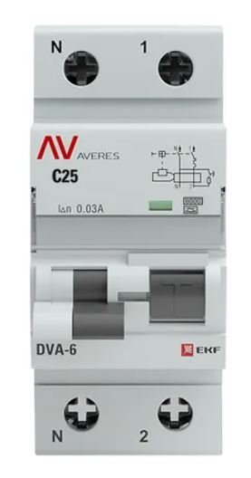DVA-6 1P+N 25А C 30мА A 6кА AVERES (rcbo6-1pn-25C-30-a-av) Автоматический выключатель дифференциального тока