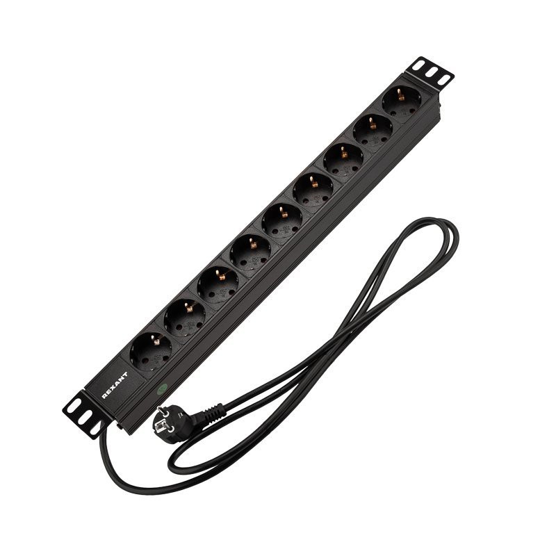 Блок распределения питания для 19" шкафов, горизонтальный, 9 розеток СЕЕ 7/4, 16A, без выкл, алюм корп, шнур 2м, вилка СЕЕ 7/7 REXANT (04-0105-1) Блок розеток 19"