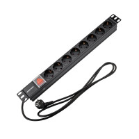 Блок распределения питания для 19" шкафов, горизонтальный, 8 розеток СЕЕ 7/4, 16A, выкл, алюм корп, шнур 2м, вилка СЕЕ 7/7 REXANT (04-0104-1) Блок розеток 19"