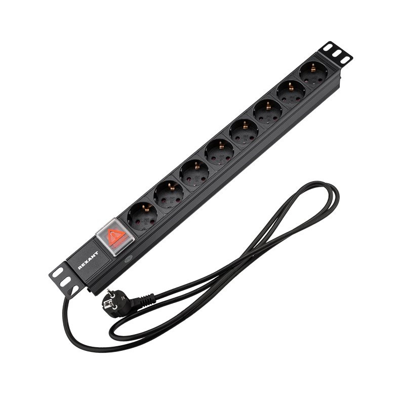 Блок распределения питания для 19" шкафов, горизонтальный, 8 розеток СЕЕ 7/4, 16A, выкл, алюм корп, шнур 2м, вилка СЕЕ 7/7 REXANT (04-0104-1) Блок розеток 19"