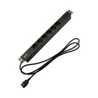 Блок распределения питания для 19" шкафов, горизонтальный, 6 розеток СЕЕ 7/4, 10A, без выкл, алюм корп, шнур 2м, вилка C14 REXANT (04-0301-1) Блок розеток 19"