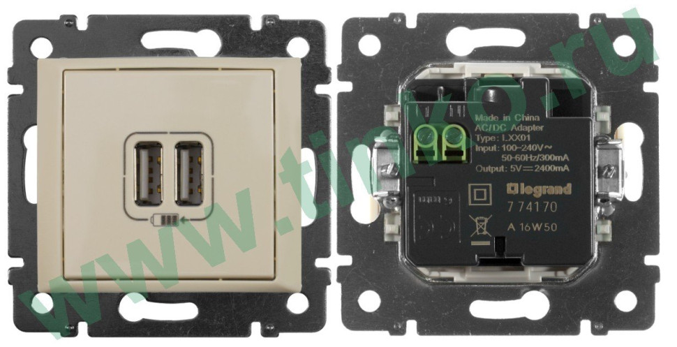 Valena розетка зарядная на 2 USB-разъема, скрытой установки, слоновая кость (774170) Розетка USB