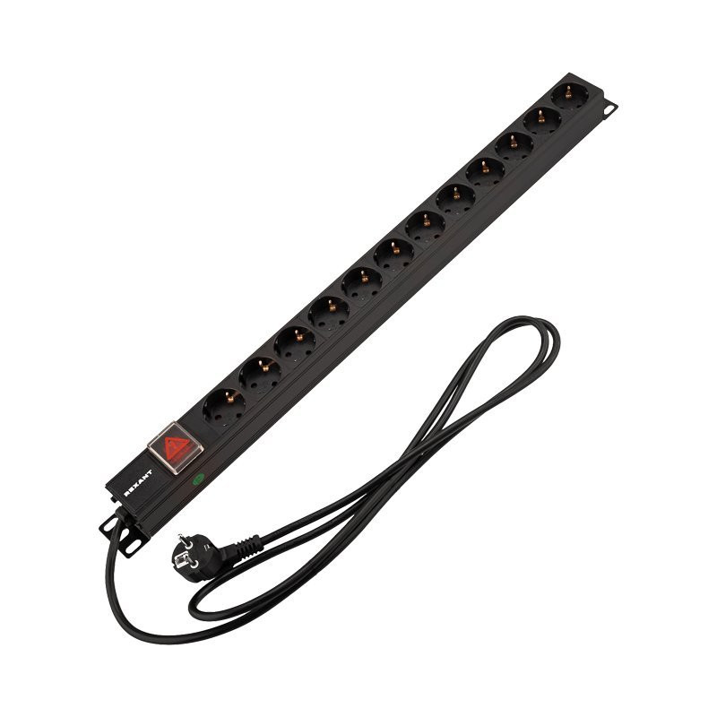 Блок распределения питания для 19" шкафов, вертикальный, 12 розеток СЕЕ 7/4, 16A, выкл, алюм корп, шнур 2м, вилка СЕЕ 7/7 REXANT (04-0204-2) Блок розеток 19"