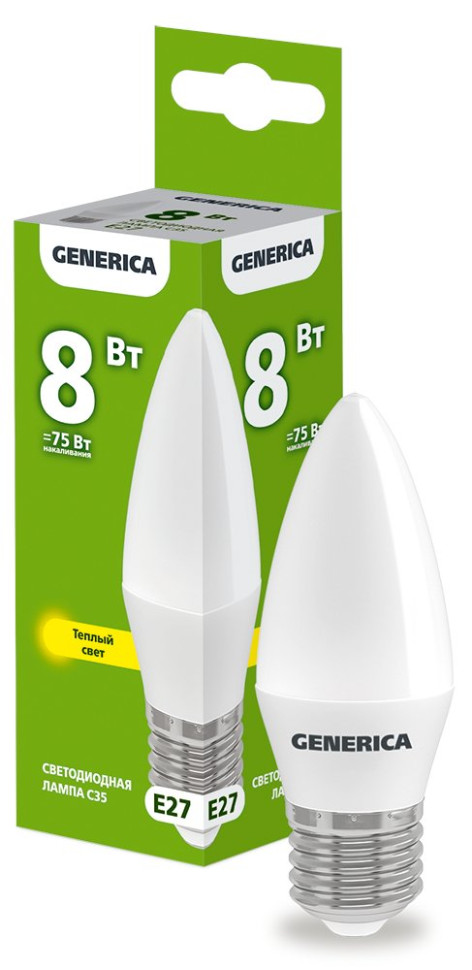 Лампа светодиодная C35 свеча 8Вт 230В 3000К E27 GENERICA (LL-C35-08-230-30-E27-G) Лампа светодиодная