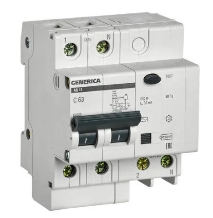 GENERICA АД12 2Р 63А 30мА (MAD15-2-063-C-030) Автоматический выключатель дифференциального тока