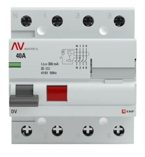 DV 4P (S) 40А 300мА AC 6kA AVERES (rccb-4-40-300-s-av) Выключатель дифференциального тока