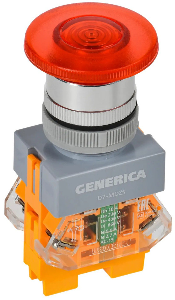 Кнопка управления D7-MDZS "Грибок" d=22мм с подсветкой и фиксацией красная GENERICA (BBG50-11MDZS-3-11-K04-G) Кнопка управления