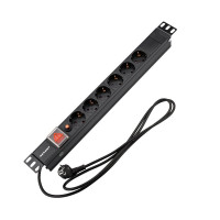 Блок распределения питания для 19" шкафов, горизонтальный, 6 розеток СЕЕ 7/4, 16A, фильтр, выкл, алюм корп, шнур 2м, вилка СЕЕ 7/7 REXANT (04-0102-1) Блок розеток 19"