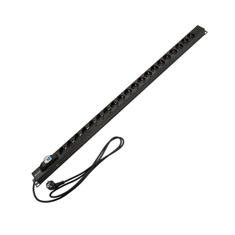 Блок распределения питания для 19" шкафов, вертикальный, 20 розеток СЕЕ 7/4, 16А, автомат защиты, алюм корп, шнур 2м, вилка СЕЕ 7/7 REXANT (04-0201-2) Блок розеток 19"