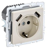 Розетка 1-местная BRITE РЮш10-1-БрКр с заземлением с защитными шторками 16А с USB A+A 5В 2,1А бежевый (BR-R14-16-U21-D21-K10) Розетка с защитными шторками