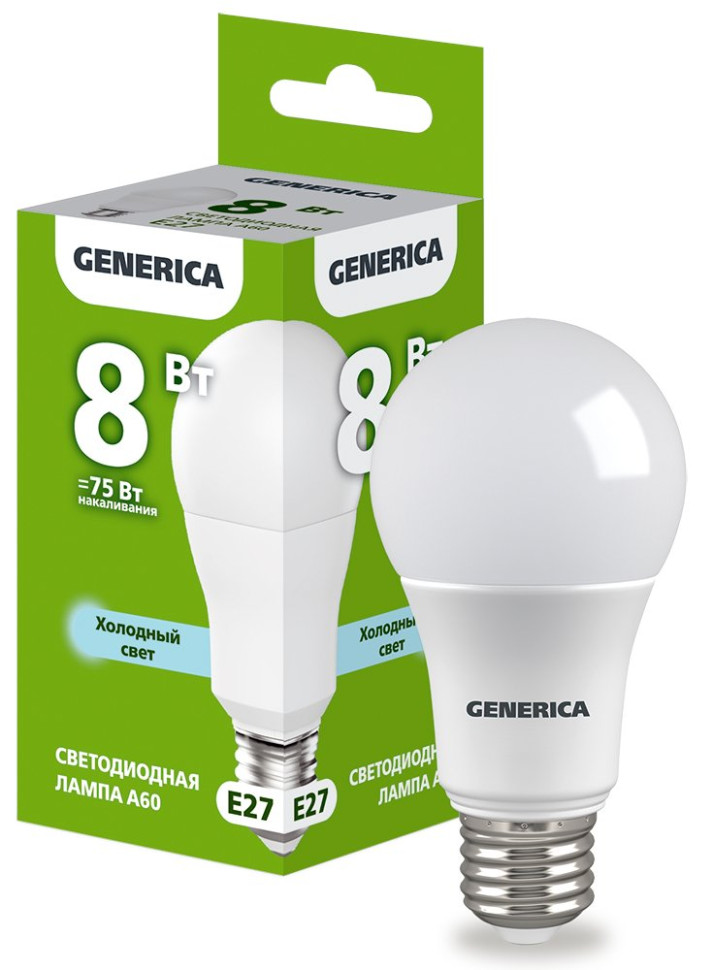 Лампа светодиодная A60 груша 8Вт 230В 6500К E27 GENERICA (LL-A60-08-230-65-E27-G) Лампа светодиодная