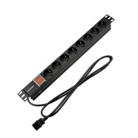 Блок распределения питания для 19" шкафов, горизонтальный, 8 розеток СЕЕ 7/4, 10A, выкл, алюм корп, шнур 2м, вилка C14 REXANT (04-0302-1) Блок розеток 19"