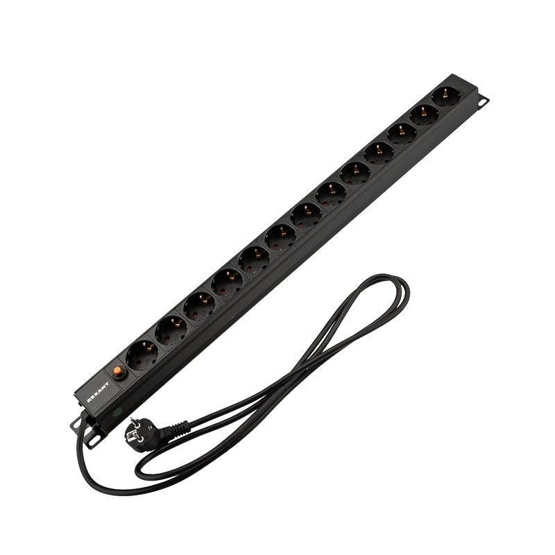 Блок распределения питания для 19" шкафов, вертикальный, 13 розеток СЕЕ 7/4, 16A, фильтр, без выкл, алюм корп, шнур 2м, вилка СЕЕ 7/7 REXANT (04-0205-2) Блок розеток 19"