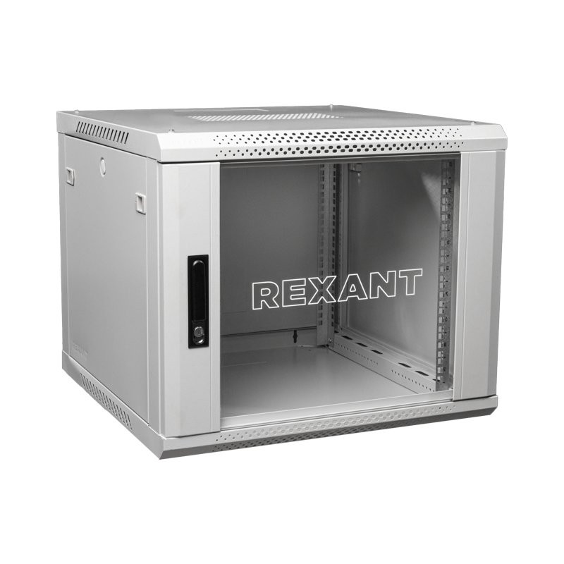 Настенный шкаф 19" 9U 600х600х501, дверь сплошное стекло, серый, RAL 7035 REXANT (04-0966-111) Шкаф телекоммуникационный 19" настенный 9U