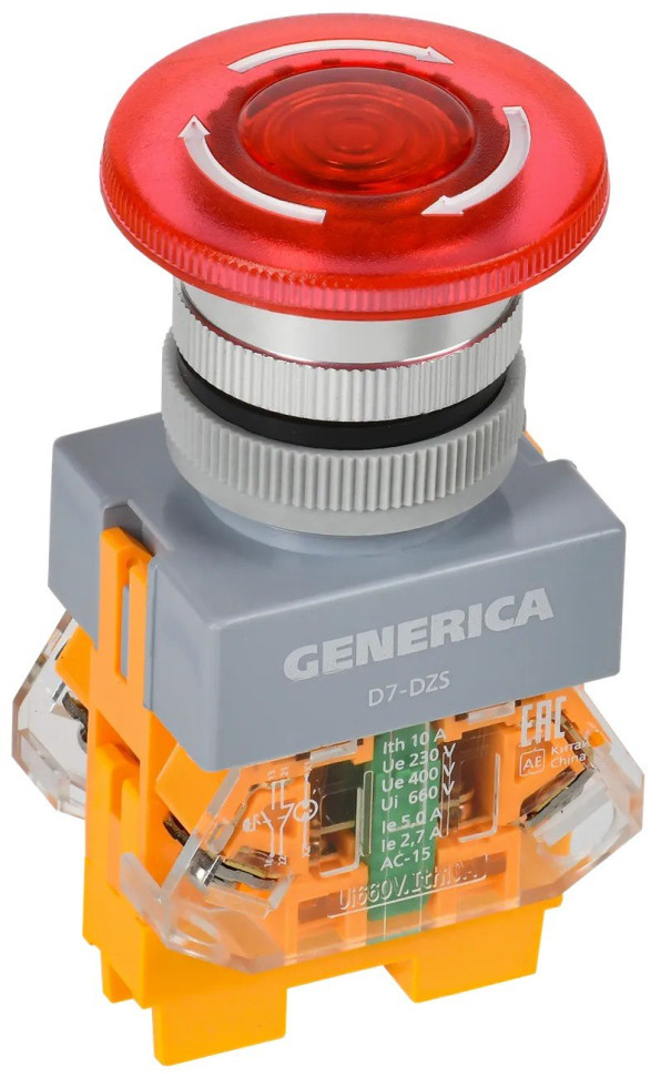 Кнопка управления D7-DZS "Грибок" d=22мм поворотная с подсветкой и фиксацией красная GENERICA (BBG50-11DZS-3-11-K04-G) Кнопка управления