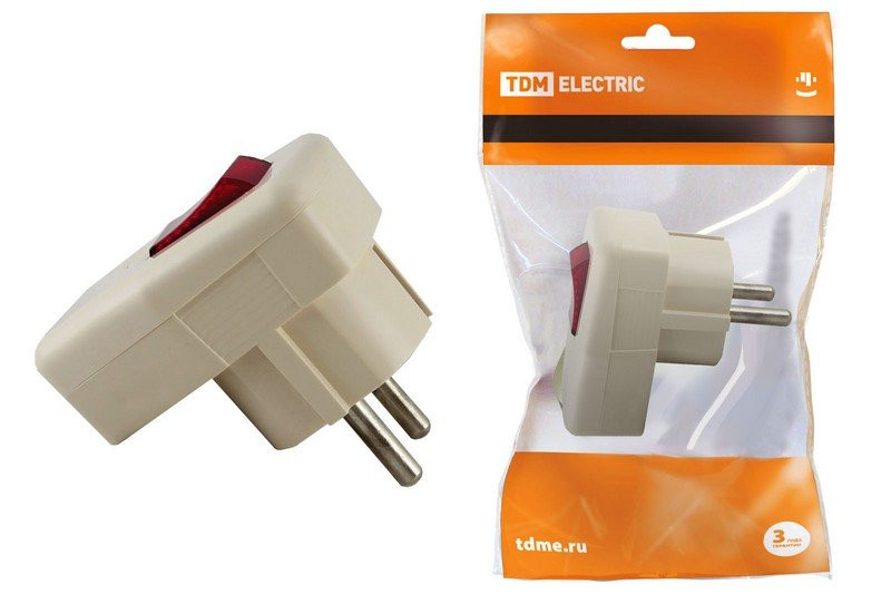 Вилка угловая с/з с выключателем белая 16А 250В TDM (SQ1806-0009) Вилка