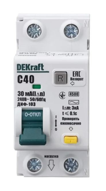АВДТ 1Р+N 40А 30мА AC C 103 4.5кА (16056DEK) Автоматический выключатель дифференциального тока АВДТ 1Р+N 40А 30мА AC C 103 4.5кА (16056DEK) Автоматический выключатель дифференциального тока