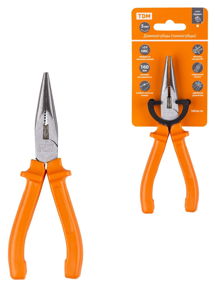 Длинногубцы (тонкогубцы), с пластиковыми рукоятками, углеродистая сталь, 160мм "Гранит" TDM (SQ1009-0201) Длинногубцы