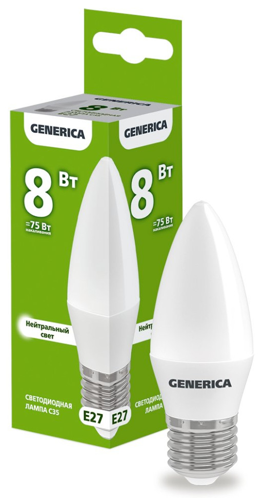 Лампа светодиодная C35 свеча 8Вт 230В 4000К E27 GENERICA (LL-C35-08-230-40-E27-G) Лампа светодиодная