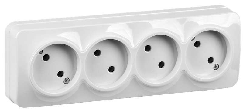 Розетка 4-местная GLORY РС24-2-ХБ без заземления без защитных шторок открытой установки 10А белый (ERH40-K01-10) Розетка без защитных шторок