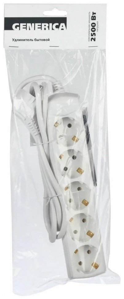 Удлинитель У05 5 мест с заземлением 7м 3х1мм2 10А/250В GENERICA (WYP10-10-05-07-Z-G) Удлинитель