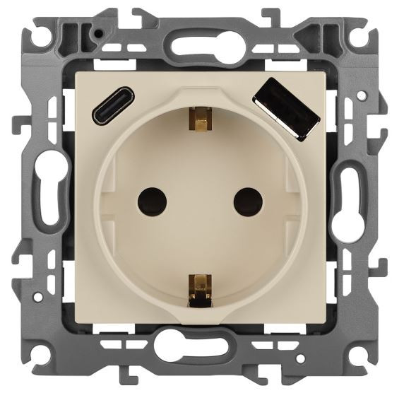 Розетка с USB type-A+C 12-4108-02 16А 250В 5В-3А 2P+E серия 12 слоновая кость ЭРА (Б0067731) Розетка со шторками с USB